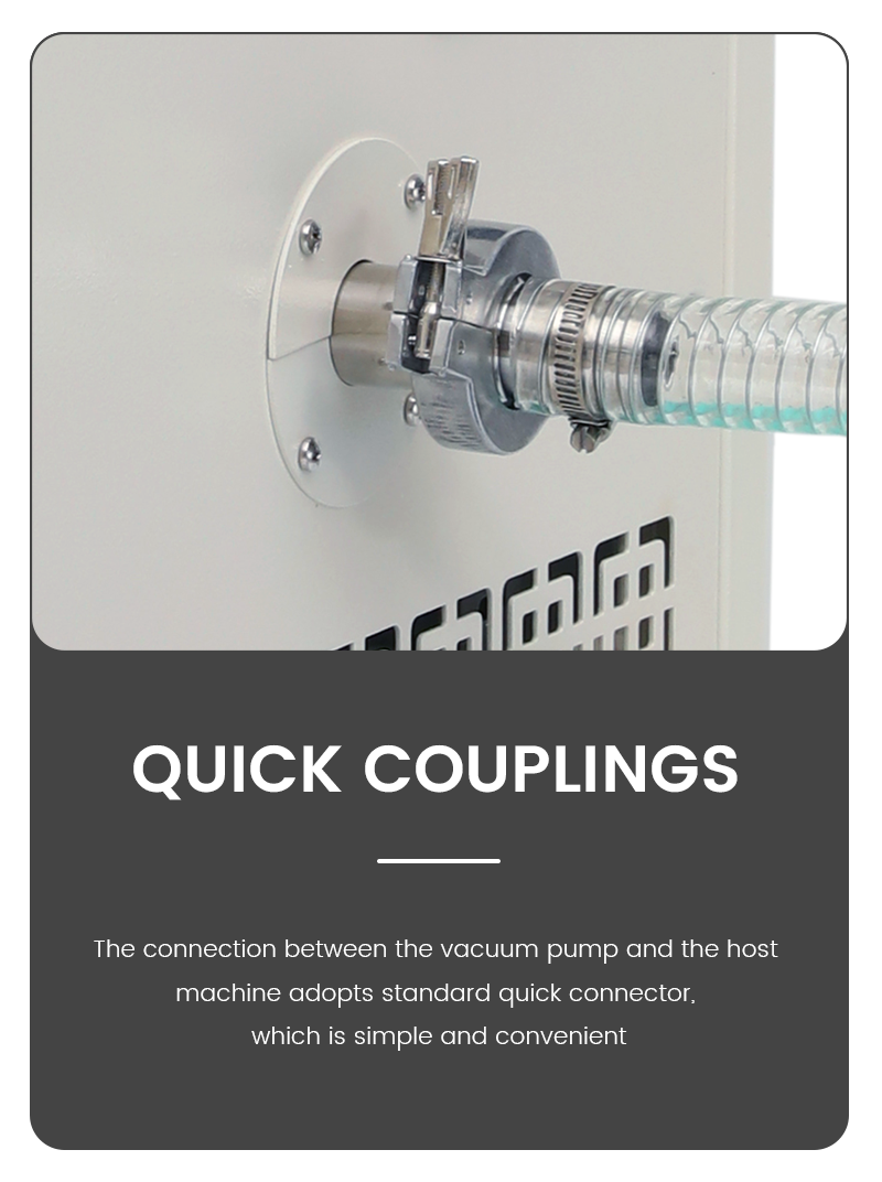 Geliss home freeze dryer quick couplings detail - standard heavy-duty quick connector linking the vacuum pump to the host machine via a reinforced transparent hose line
